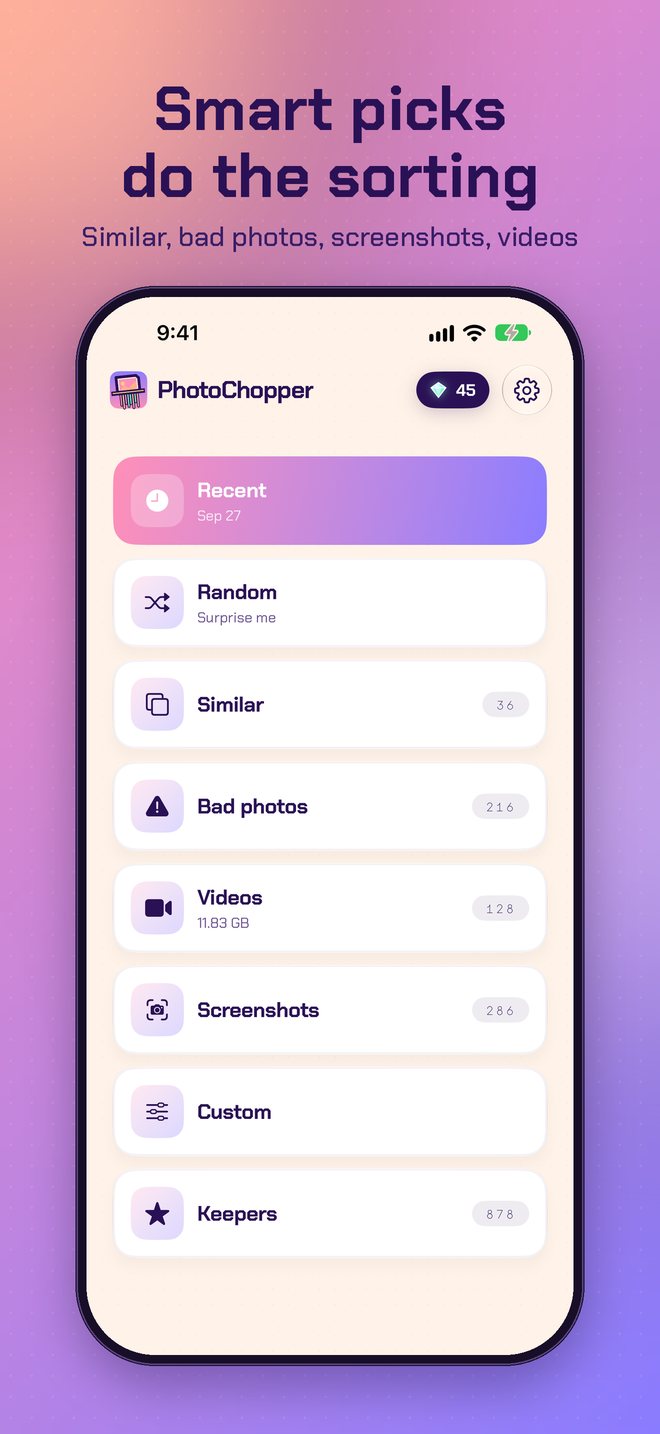PhotoChopper Home screen with smart picks